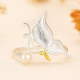 Butterfly and Pearl Open Ring – Nature-Inspired Spiritual Jewelry