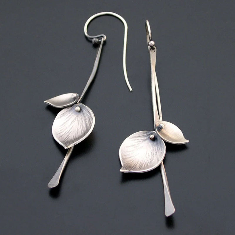 Silver Leaf Drop Earrings with Nature Goddess Design