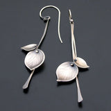 Silver Leaf Drop Earrings with Nature Goddess Design