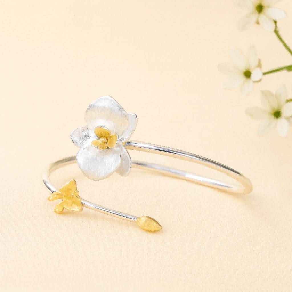 Blooming Flower Open Bangle – Silver and Gold Botanical Cuff