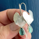 Heart Leaf Drop Earrings with Green Gemstone Nature Design
