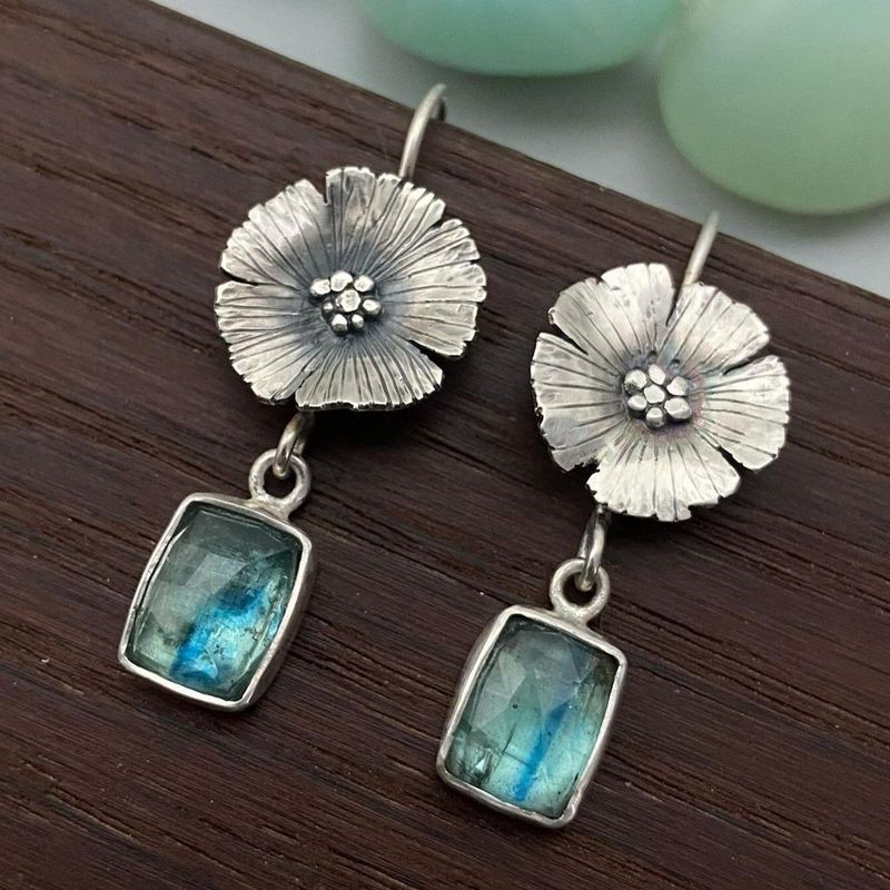 Floral Drop Earrings with Blue Gemstone Nature Inspired Design