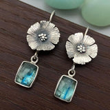 Floral Drop Earrings with Blue Gemstone Nature Inspired Design