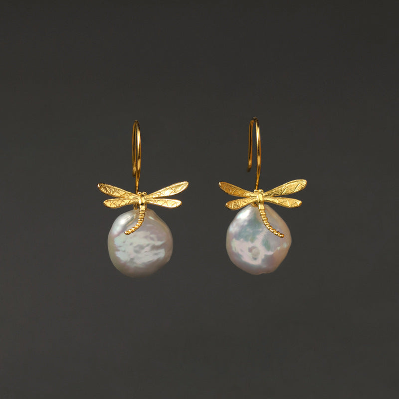 Baroque Pearl Drop Earrings with Dragonfly Charm