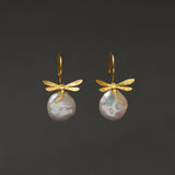 Baroque Pearl Drop Earrings with Dragonfly Charm