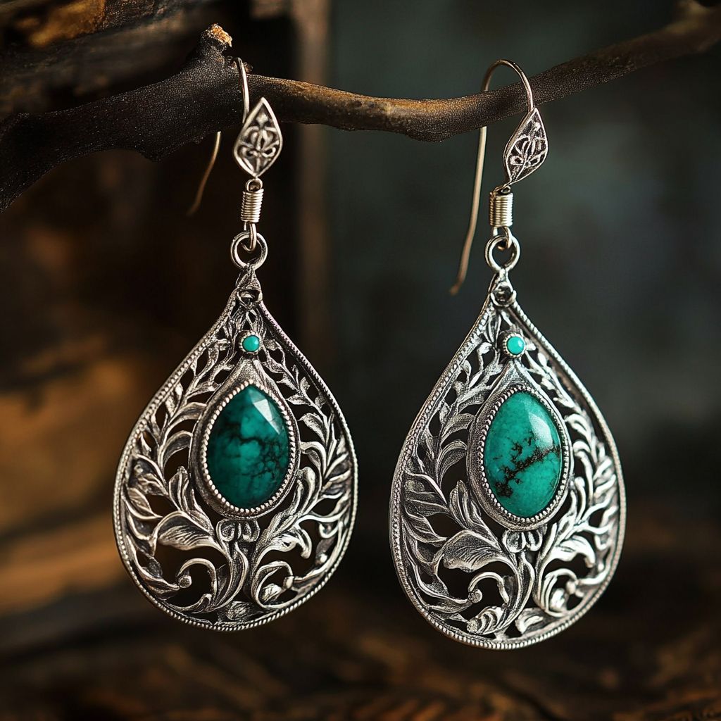 Bohemian Teardrop Turquoise Earrings with Vintage Floral Design