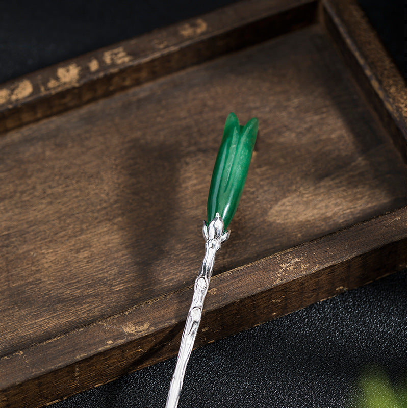 Green Jade Bud Hair Stick for Mystic Forest Energy