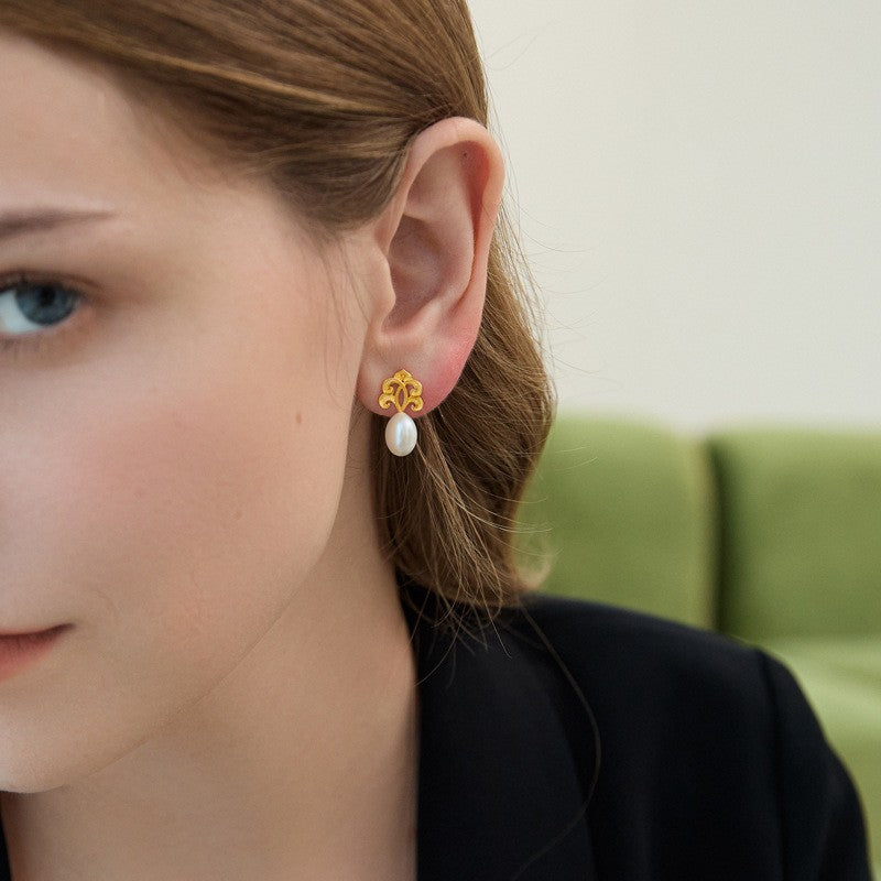 Sacred Pearl Drop Earrings with Mystical Scrollwork Charm