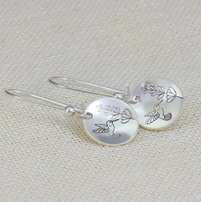 Hummingbird and Flower Round Dangle Earrings in Silver Tone