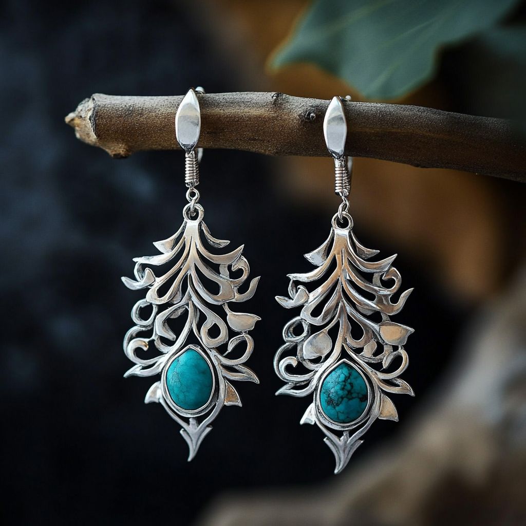 Bohemian Leaf Drop Earrings with Teardrop Turquoise Gemstone
