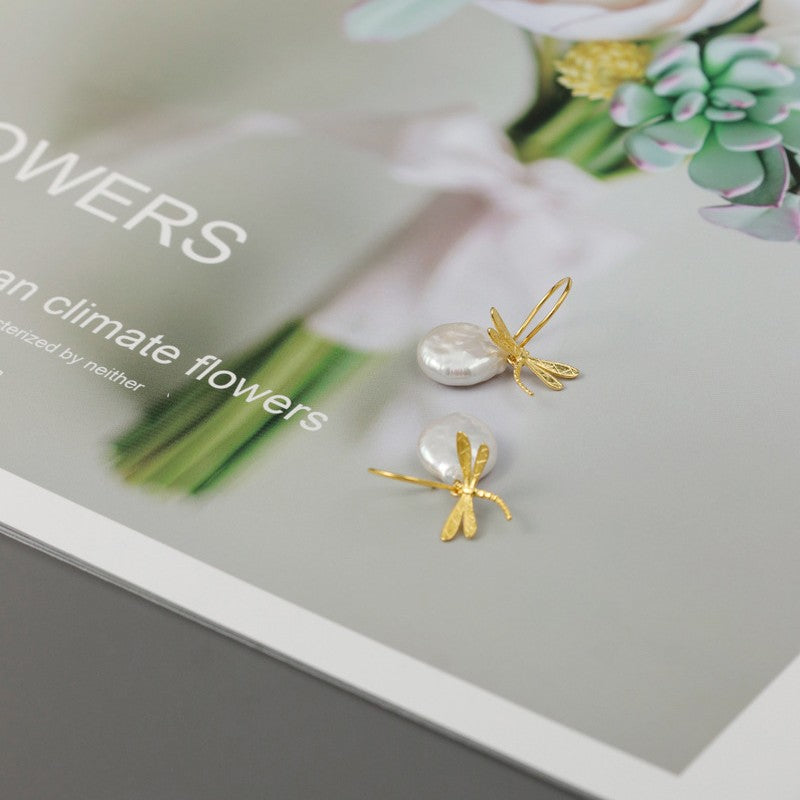 Baroque Pearl Drop Earrings with Dragonfly Charm