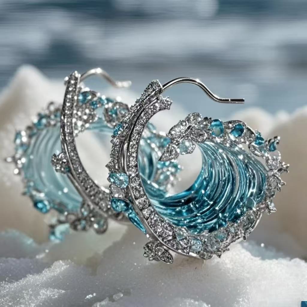 Golden Ocean Wave Pendant with Sparkling Crystal Accents