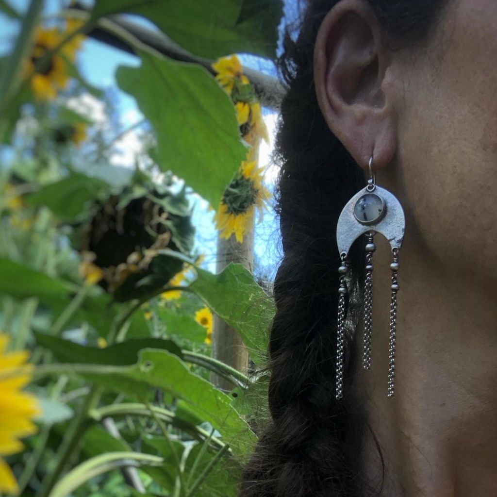 Bohemian Dendritic Agate Dangle Earrings with Chain Tassels
