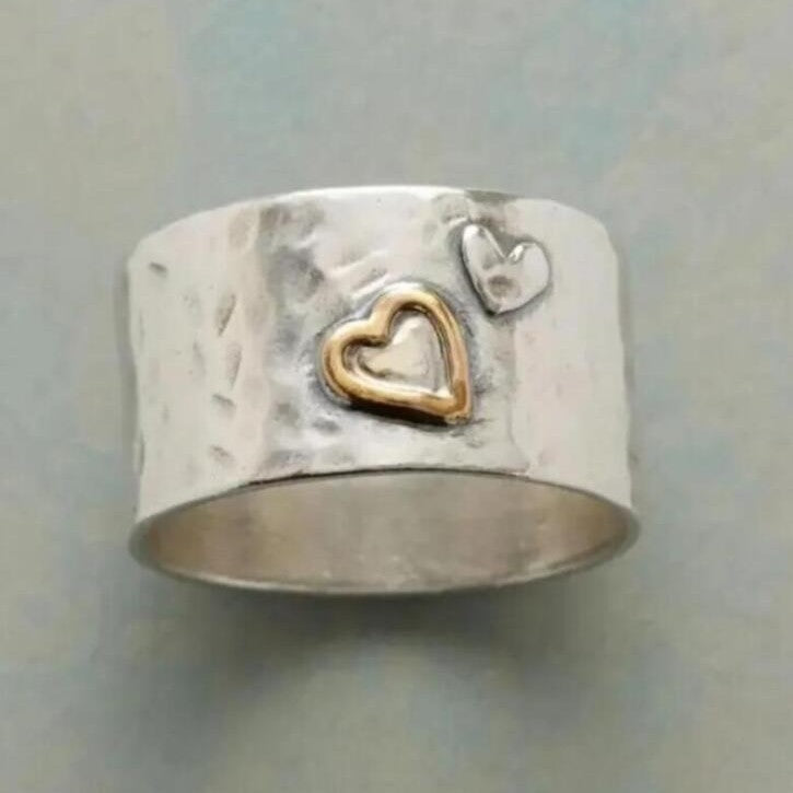 Rustic Hammered Band Ring with Dual Heart Design