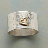 Rustic Hammered Band Ring with Dual Heart Design