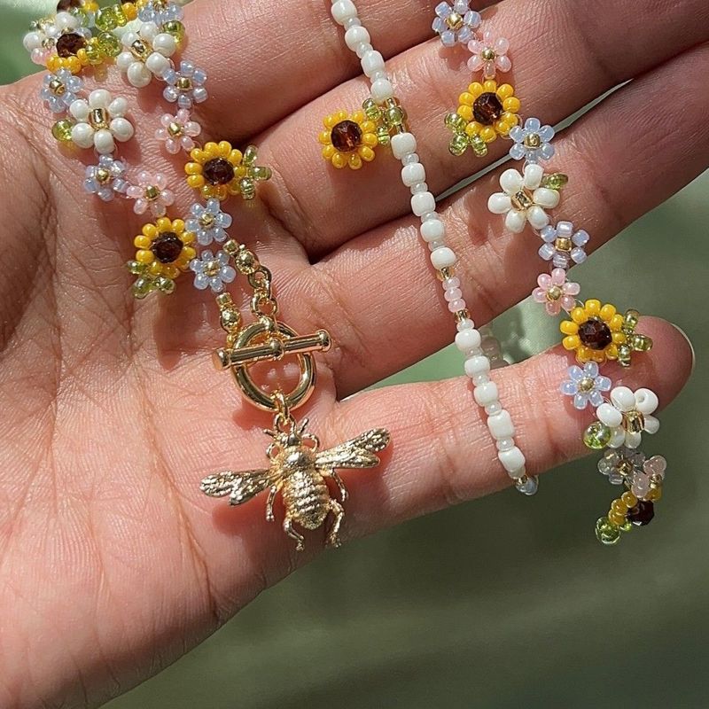 Bee Pendant Floral Beaded Necklace Colorful Nature Inspired Jewelry