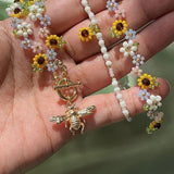 Bee Pendant Floral Beaded Necklace Colorful Nature Inspired Jewelry