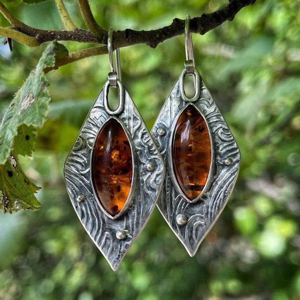 Bohemian Amber Marquise Earrings with Engraved Tribal Design