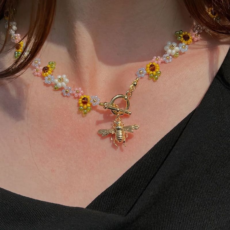 Bee Pendant Floral Beaded Necklace Colorful Nature Inspired Jewelry