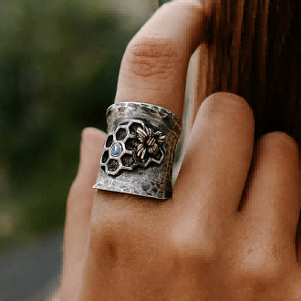 Honeycomb Bee Ring with Fire Opal and Rustic Finish
