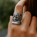Honeycomb Bee Ring with Fire Opal and Rustic Finish