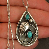 Vintage Teardrop Turquoise Pendant Necklace with Leaf Design