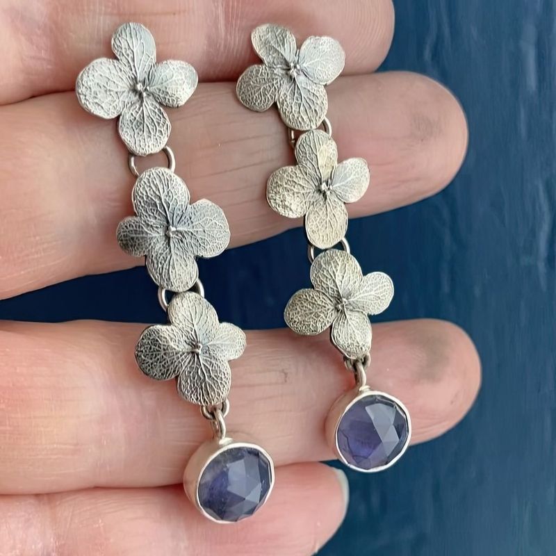 Long Floral Drop Earrings with Purple Gemstone Nature Design