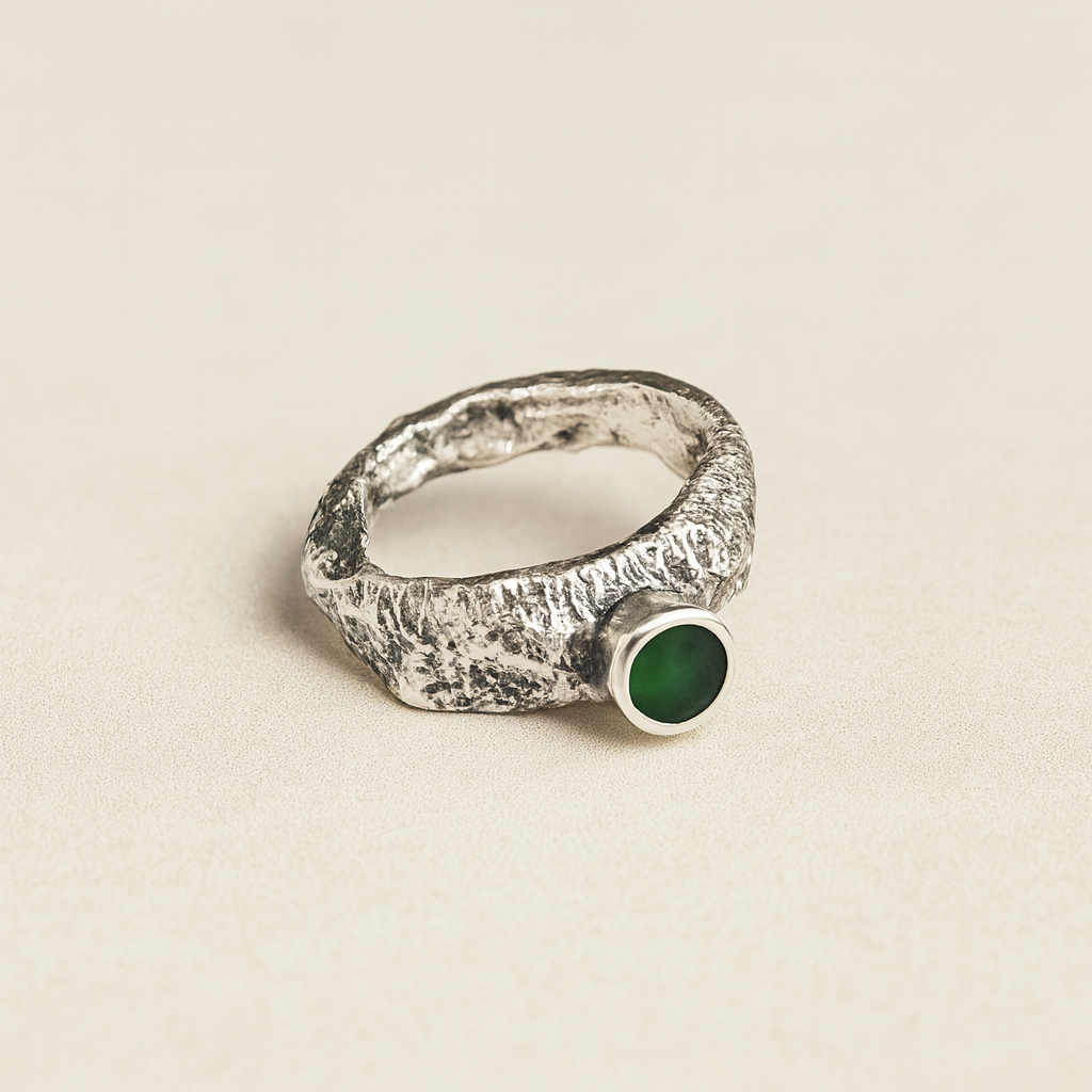 Rough Textured Ring with Deep Forest Green Stone