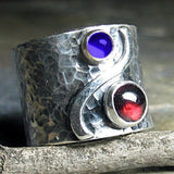 Hammered Silver Ring with Red and Blue Gemstones