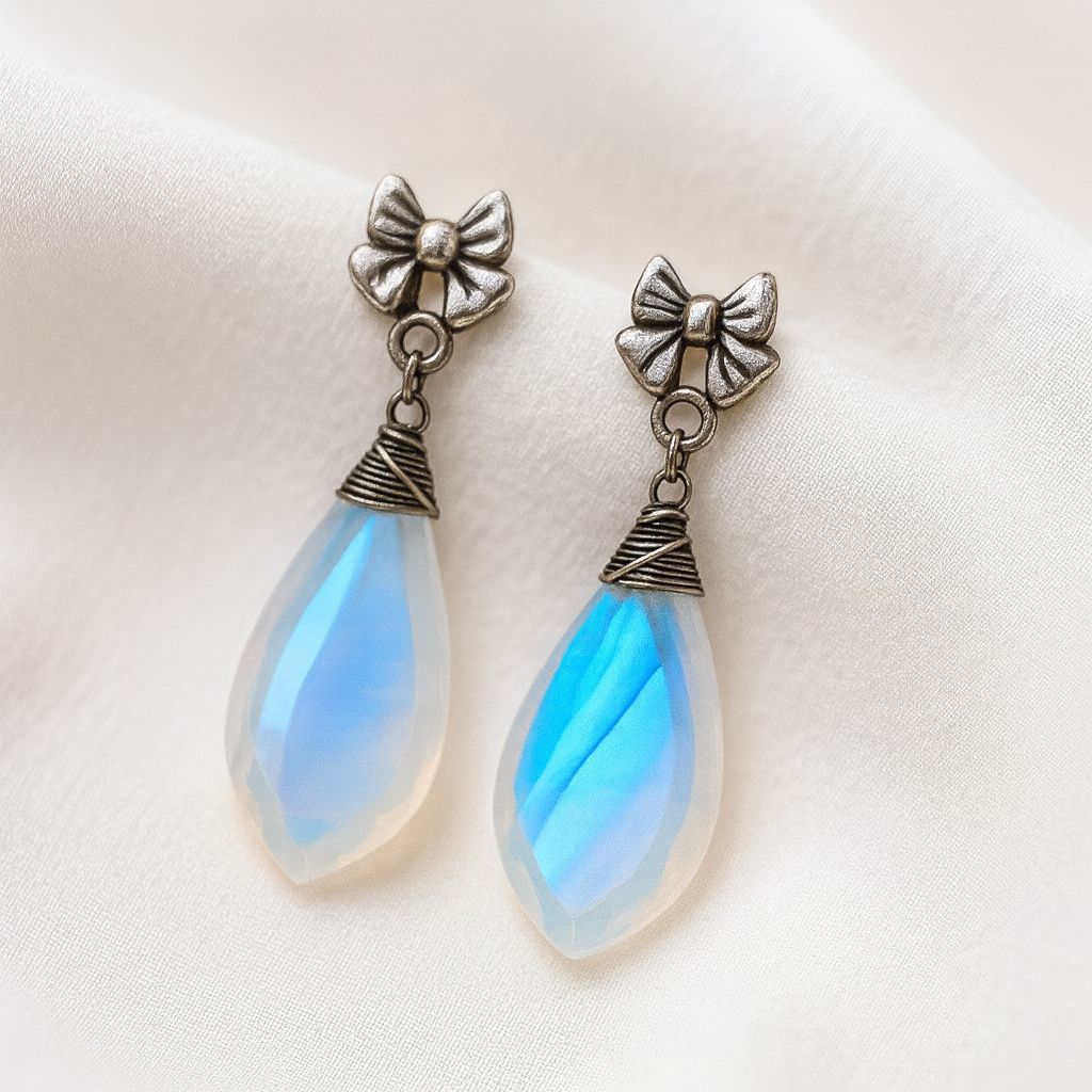 Moonstone Drop Earrings with Bow Nature Inspired Design