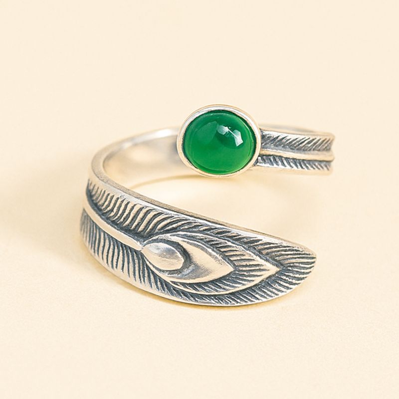 Adjustable Feather Ring with Green Crystal Accent