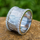 Hammered Wide Band Ring with Crystal Edge Detailing