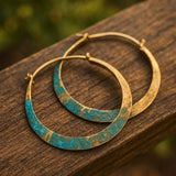 Rustic Gold and Turquoise Patina Textured Hoop Earrings