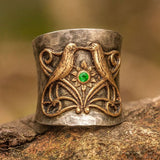 Twin Birds Green Gem Ring with Floral Tribal Design