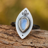 Pear-Shaped Moonstone Ring with Matte Leaf Frame