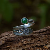Adjustable Feather Ring with Green Crystal Accent