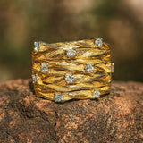 Gold Leaf Weave Ring with Sparkling Crystal Accents