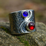 Hammered Silver Ring with Red and Blue Gemstones