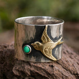 Golden Bird Totem Ring with Green Stone Accent