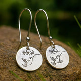 Hummingbird and Flower Round Dangle Earrings in Silver Tone