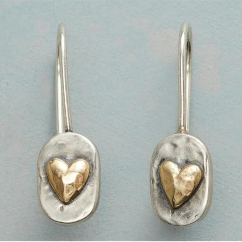 Rustic Heart Drop Earrings with Mixed Metal Design