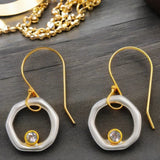 Gold and Pearl Circle Earrings with Crystal Center Accent