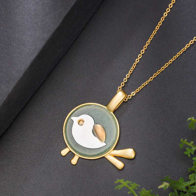 Enamel Bird Pendant Necklace in Forest Green & Gold