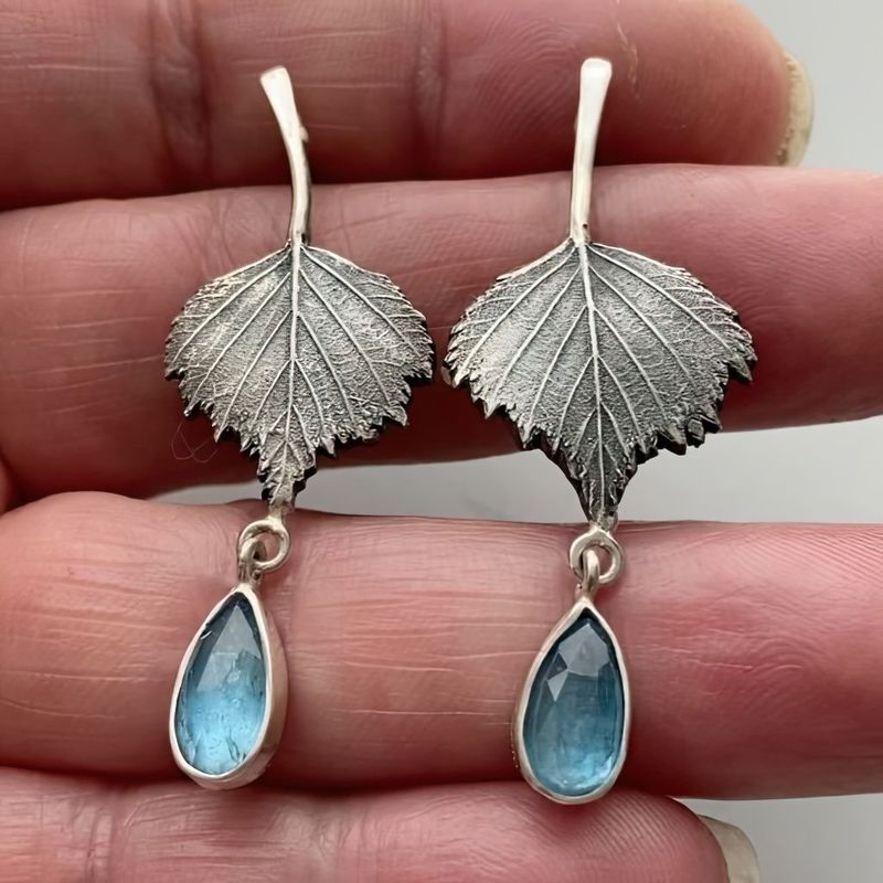 Blue Gemstone Leaf Drop Earrings with Nature Inspired Design