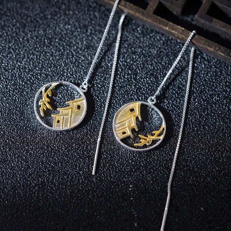 Moonlit Village Threader Earrings for Poetic Mystic Souls