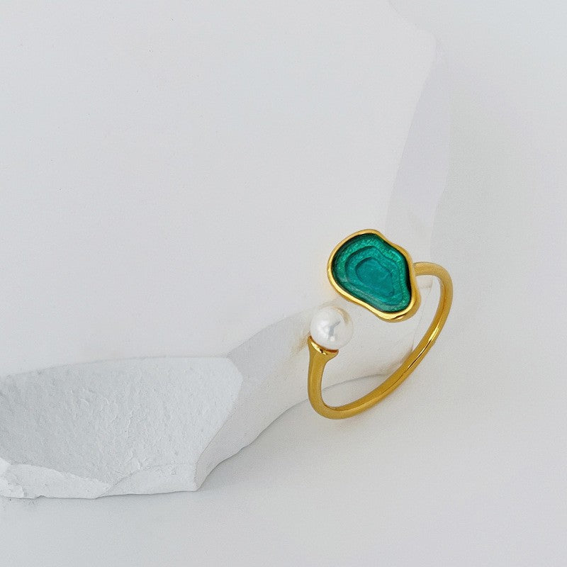 Ocean Agate and Pearl Ring for Intuition and Flow