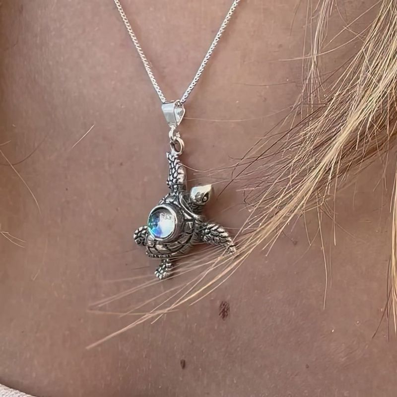 Colorful Gemstone Sea Turtle Pendant Necklace Ocean Inspired Jewelry