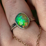 Rustic Hammered Band Ring with Green Fire Opal Gemstone