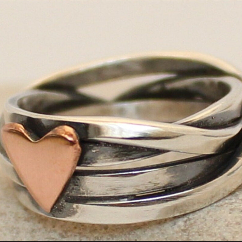 Rustic Stacked Heart Ring with Mixed Metal Design