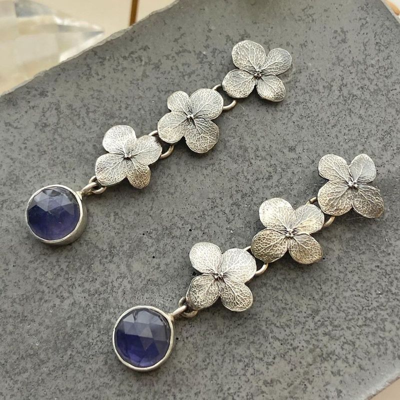 Long Floral Drop Earrings with Purple Gemstone Nature Design